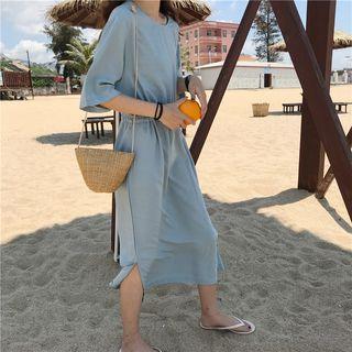 Elbow-sleeve Drawstring Waist T-shirt Dress