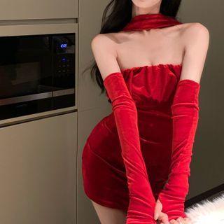 Set: Choker-neck Strapless Sheath Dress + Arm Sleeves Set Of 2 - Dress & Arm Sleeves - Red - One Size