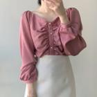 Puff-sleeve Ruffled Plain Blouse / High-waist Plain Skirt