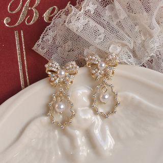Bow Faux Pearl Drop Earring 1 Pair - Silver Pin - Gold - One Size