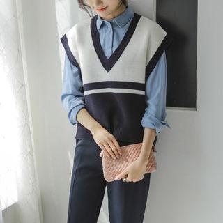 V-neck Sleeveless Color-block Knit Top