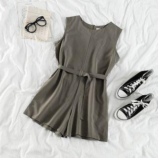 Sleeveless Belted Wide Leg Playsuit Army Green - S