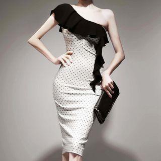 One-shoulder Ruffled Dotted Sheath Dress
