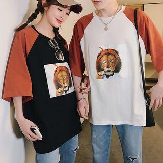 Couple Matching Lion Print Elbow Sleeve T-shirt