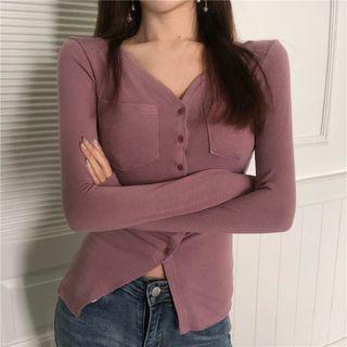 V-neck Long-sleeve T-shirt Ash Pink - One Size