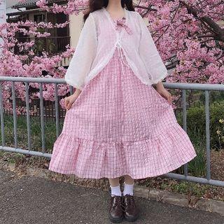 Spaghetti Strap Plaid Midi A-line Dress / Chiffon Jacket