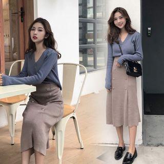 Set: V-neck Cardigan + Button-detail Midi Knit Dress