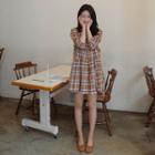 Square-neck 3/4-sleeve Plaid Cotton Mini Dress