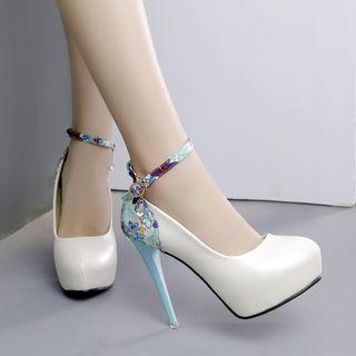 Floral Panel Ankle Strap High-heel Pumps
