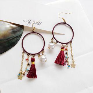 Faux Pearl Tassel Fringed Hoop Dangle Earring