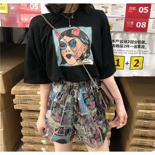 Elbow-sleeve Printed T-shirt / Shorts
