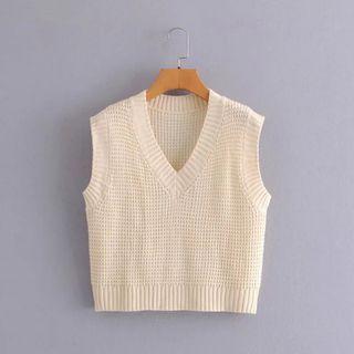 V-neck Sweater Vest Beige Almond - One Size