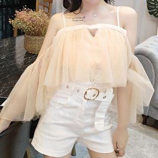 Off-shoulder Mesh Long-sleeve Top / High Waist Shorts