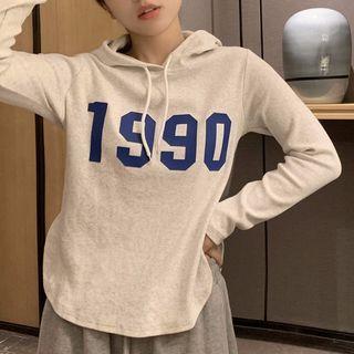 Lettering Loose Fit Round Hem Slit Hoodie Light Gray - One Size