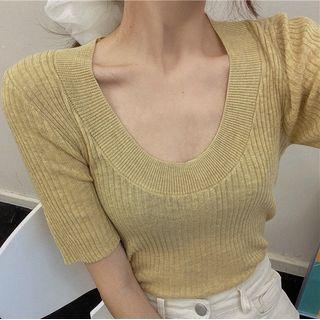 Short-sleeve U-neck Rib Knit Top