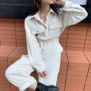 Long-sleeve Cargo Corduroy Jumper Pants Almond - One Size