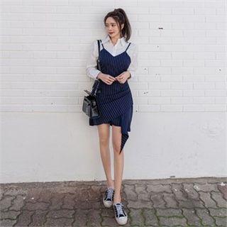 Set: Plain Shirt + Ruffle-front Stripe Pinafore Dress White - One Size