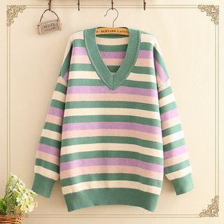 V-neck Color-block Stripe Sweatshirt