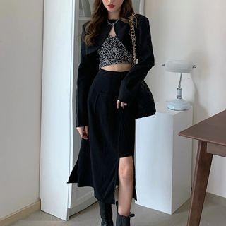 Long-sleeve Shrug / Camisole Top / Asymmetrical Midi A-line Skirt