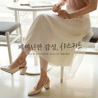 Tulle-overlay Accordion-pleat Long Skirt