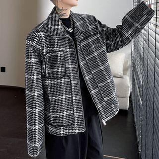 Stand Collar Gingham Zip Jacket