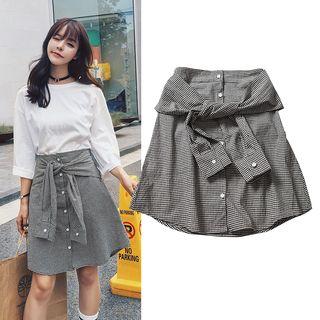 Couple Matching Checked Shirt / Plain T-shirt / Tie-waist A-line Skirt