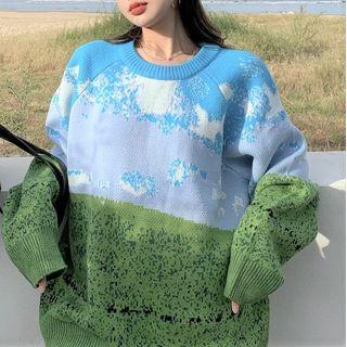 Color Block Sweater Green & Blue - One Size