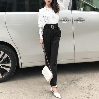 Set: Dotted Blouse + High Waist Straight-cut Pants