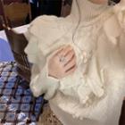 High-neck Ruffle Cable Knit Long-sleeve Sweater White - One Size