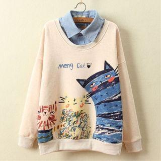 Denim Panel Animal Print Collared Pullover