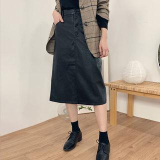 Button-fly Midi Pleather Skirt