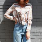 Long-sleeve Ruffle-front Plaid Top