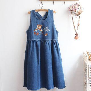 Bear Embroidered Denim Midi A-line Jumper Dress Blue - One Size
