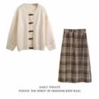 Toggle-front Cardigan / Plaid Midi A-line Skirt