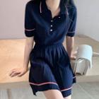 Set: Striped Short-sleeve Knit Polo Shirt + High-waist A-line Skirt Blue - One Size