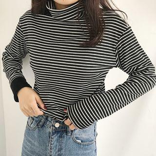 Fleece Lined Striped High Neck Long-sleeve T-shirt