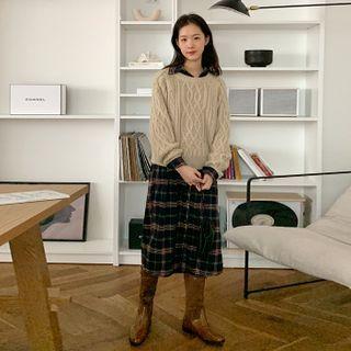 Drop-shoulder Plaid Long Shirtdress