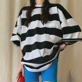 3/4-sleeve Striped T-shirt T-shirt - Stripes - Black & White - One Size