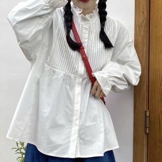 Ruffle-collar Pintuck Blouse Off-white - One Size