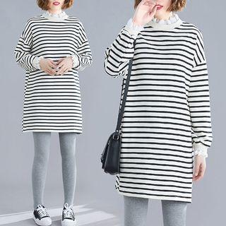 Striped Flower Trim Collar Long-sleeve Dress