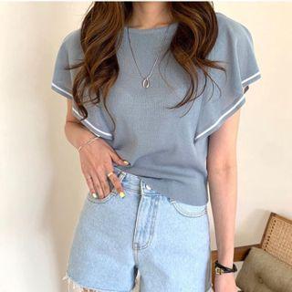 Contrast Trim Ruffled Sleeve Knit Blouse