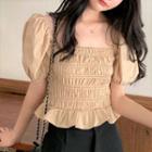 Puff-sleeve Shirred Frill Trim Cropped Blouse