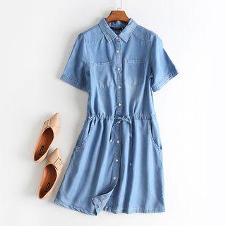 Short-sleeve Drawstring Waist Denim Shirtdress