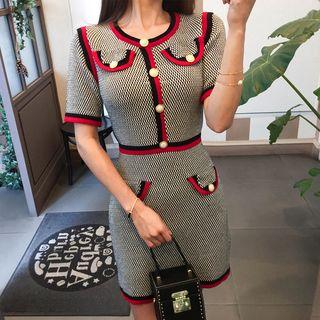 Piped Short-sleeve Knit Dress