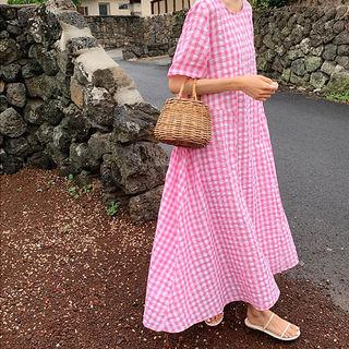 Round-neck Gingham Maxi Dress