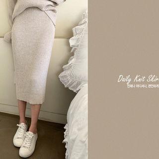 H-line Midi Rib Knit Skirt Light Beige - One Size