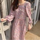 Long-sleeve Floral Midi A-line Dress Pink - One Size