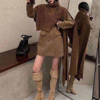 Double Breasted Coat / Mock-neck Knit Cape