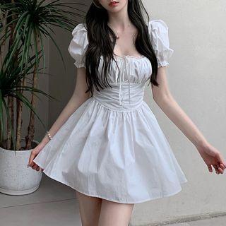 Puff-sleeve Square-neck Smocked Dress