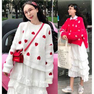 Heart Patterned Sweater / Tiered Midi Skirt / Wide-leg Pants